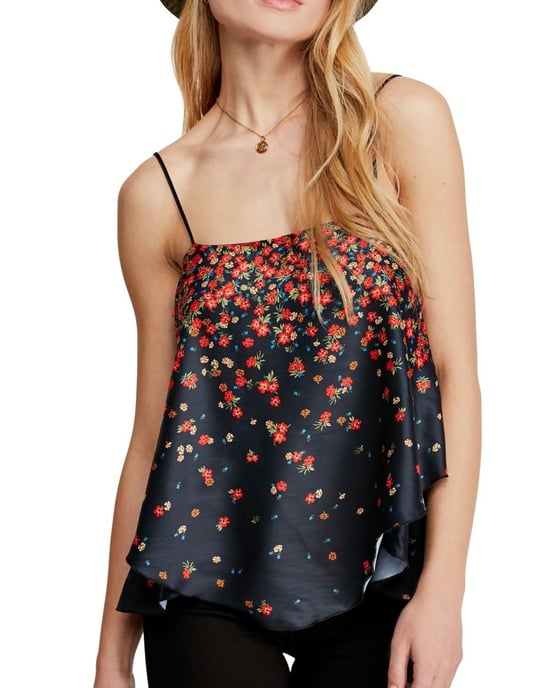 Free People Women's Top Black Red Cami Satin Ditsy Tiered