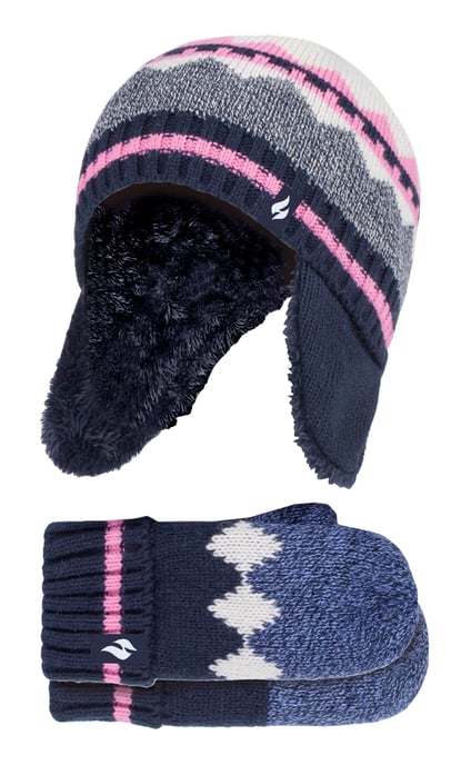 Heat Holders Pom Pom Trapper Muts en wanten voor meisjes - Marine - Image 1