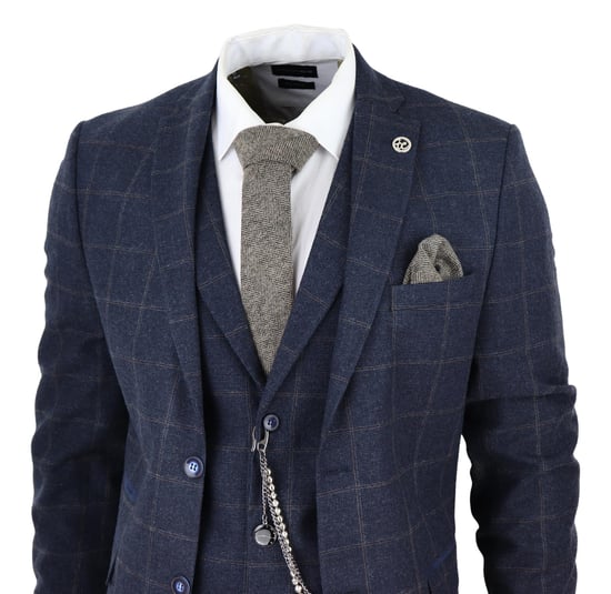 Heren 3-delige Wollen Pak Marineblauw Tweed Ruit Peaky Blinders 1920 Gatsby Formeel - Image 3