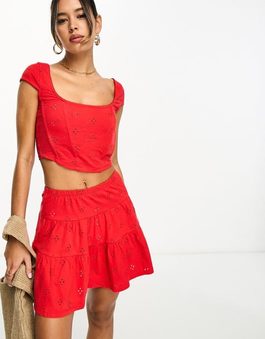 ASOS DESIGN broderie bone corset top in red