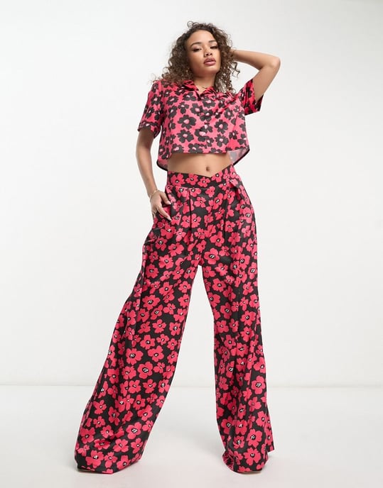 Flounce London short sleeve cropped shirt in red and black floral co-ord
