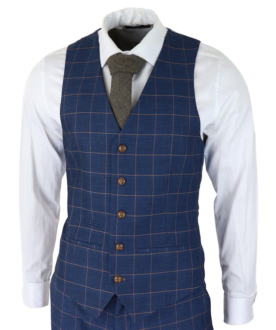 Heren 3-delige Kostuum Blauw Goud Check Peaky Blinders 1920 Gatsby Stijl Vintage Kostuum - Image 4