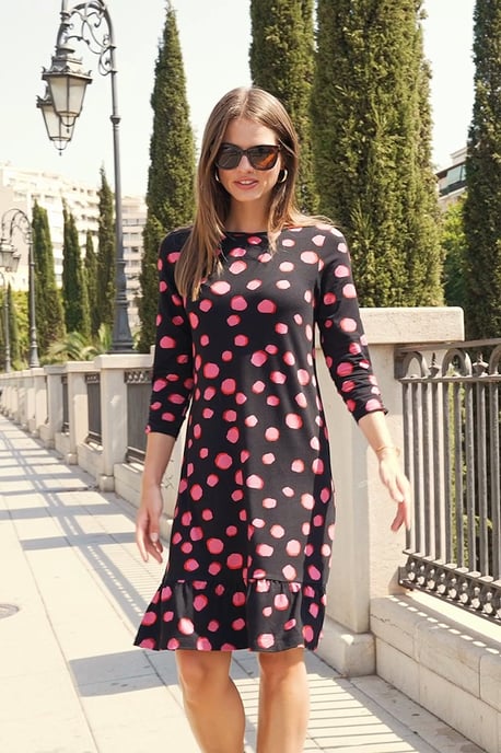 Black & Pink Spot Print Shift Dress With Ruffle Hem