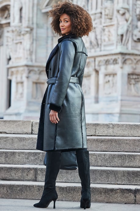 Black Premium Faux Shearling Trench Coat