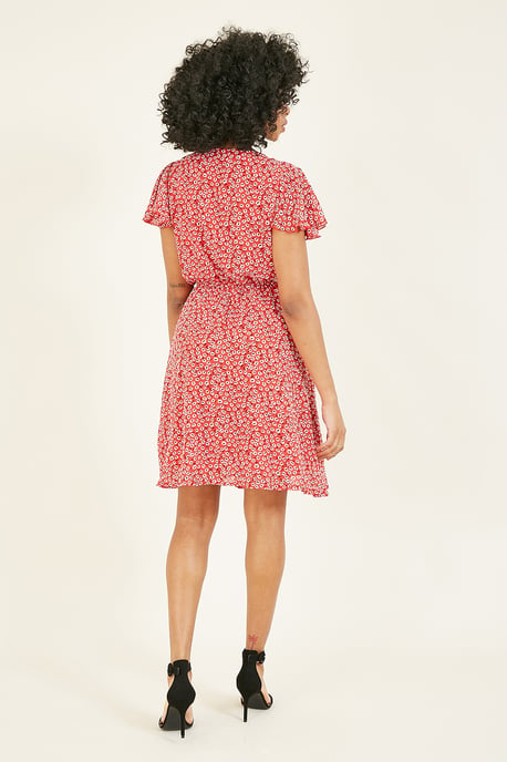 Mela Red Ditsy Floral Wrap Over Dress