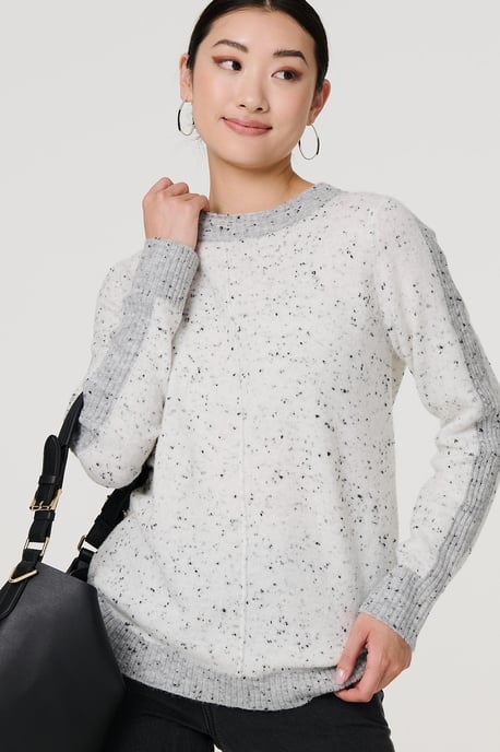 Grey Colour Block Long Sleeve Curve Hem Jumper