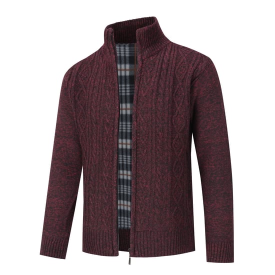 Men's Cardigan with Zip Cardigan Chunky Knit with Stand-Up Collar for Winter Red