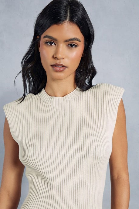 Knitted Ribbed Shoulder Pad Detail Maxi Dress