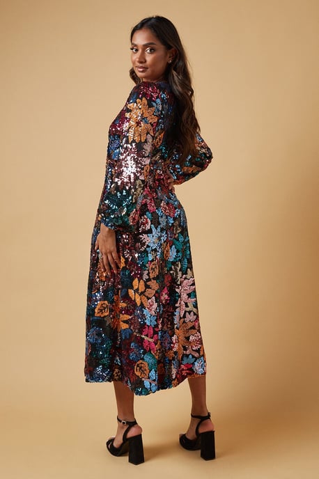 Occasion Floral Sequin Wrap Midi Dress