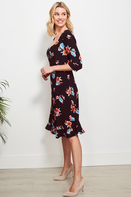 Black Floral Print Sweetheart Neck Dress
