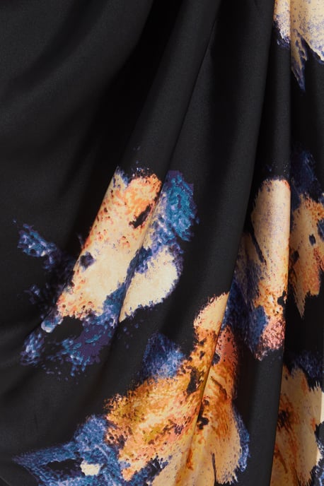 Black Satin Floral Ruched Midi Dress