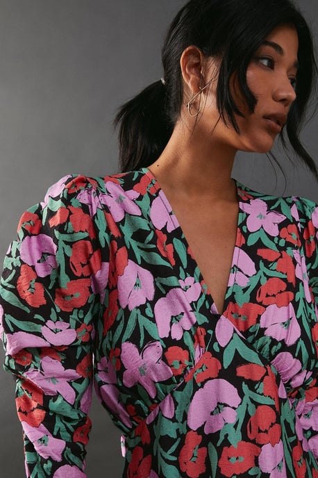 Floral Viscose V Neck Long Puff Sleeve Midi Dress - Image 2