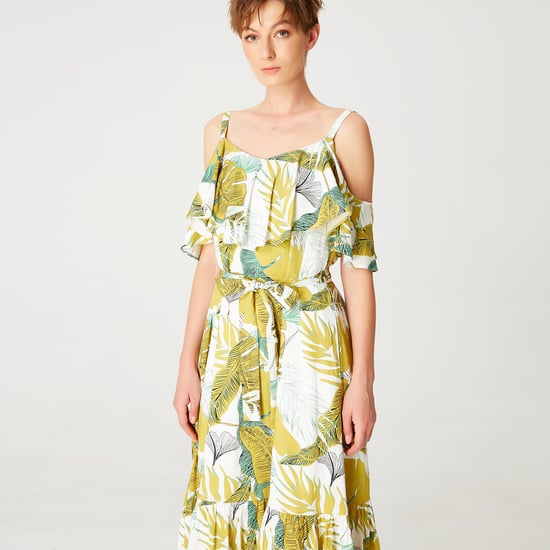 Tropical print trapeze dress with ruffles and thin straps