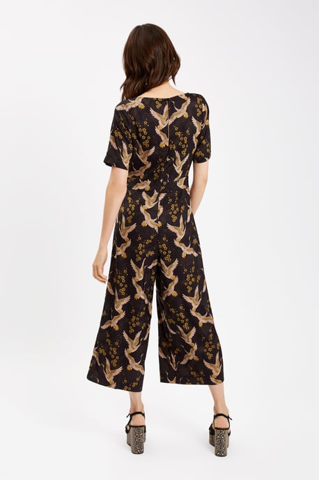 Bird Printed Short Sleeve Jumpsuit in Black