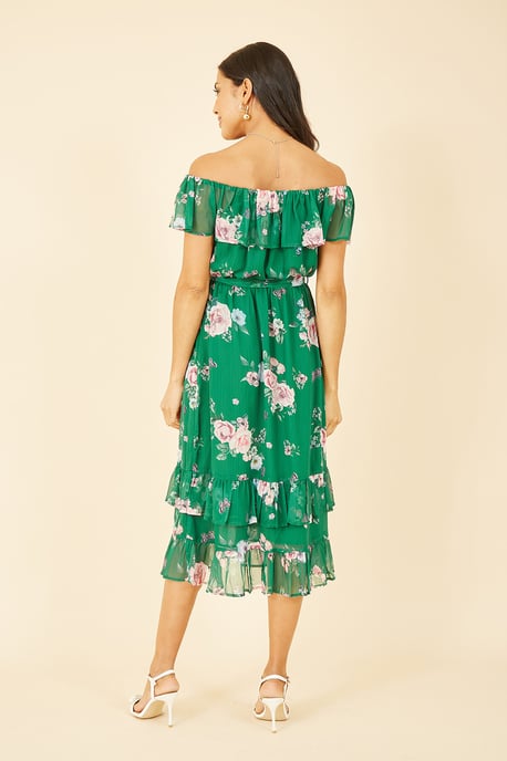 Green Floral Bardot Midi Dress With Frill Hem