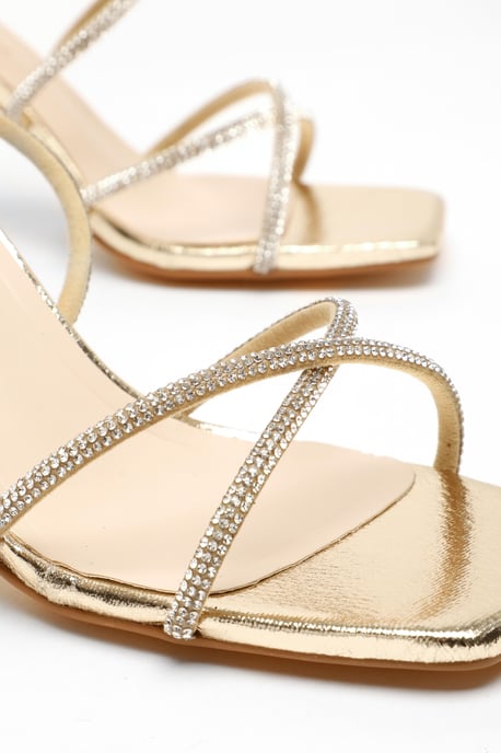 Wide Fit Gold Foil Diamante Strappy Heeled Sandals