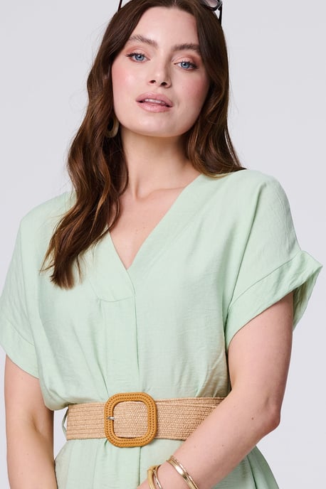 Green V-Neck Short Sleeve Belted Tunic Dress