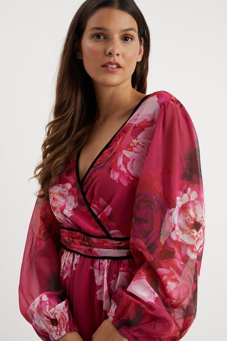 Floral Contrast Velvet Detail Midaxi Dress