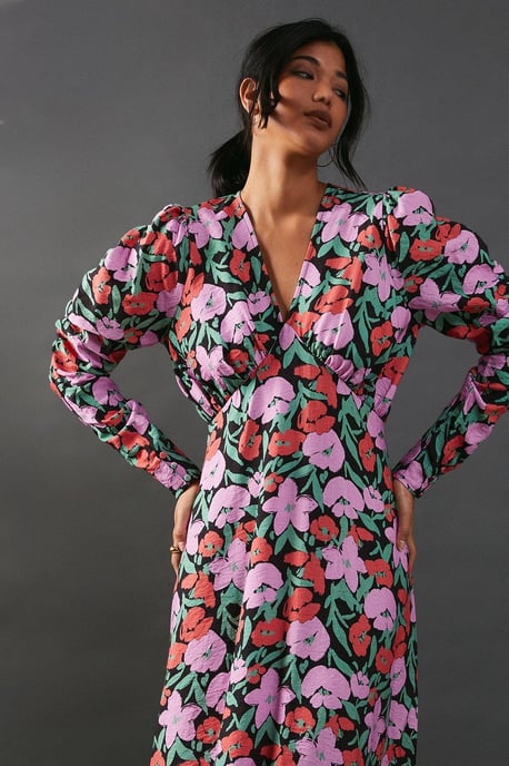 Floral Viscose V Neck Long Puff Sleeve Midi Dress - Image 4