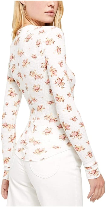 Free People Women's Blouse White Floral Knit Button-Up