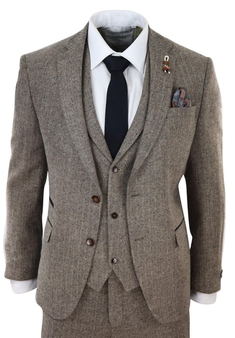 Heren Eikenbruin 3-delige Tweed Kostuum Vintage Haringbeen 1920s Retro Peaky Blinders - Image 1