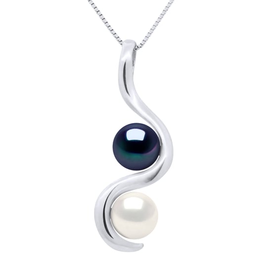 DIADEMA - Pendant You & Me - 2 Real Freshwater Pearls - Black and White - White Gold