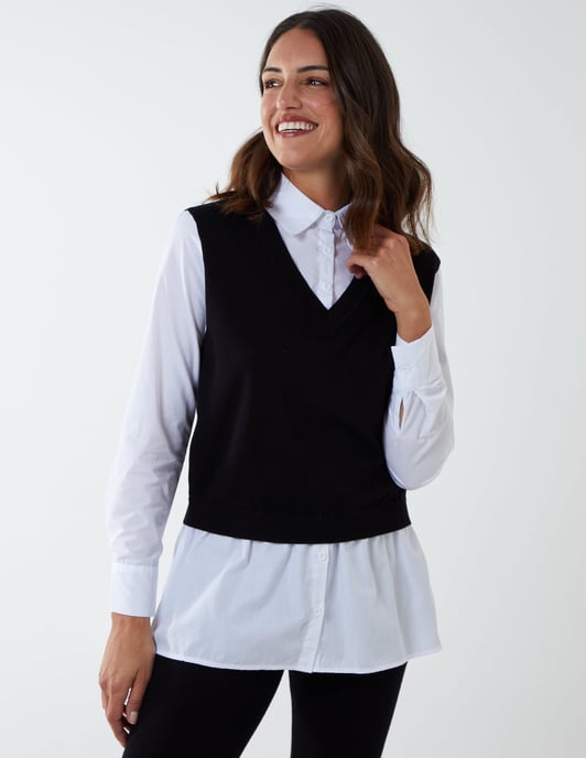 2 in 1 gebreide vest en collared shirt top - Image 1
