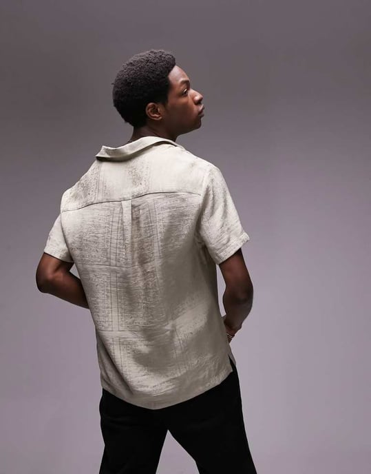 Topman short sleeve relaxed fit bandana jacquard shirt in stone-Neutral