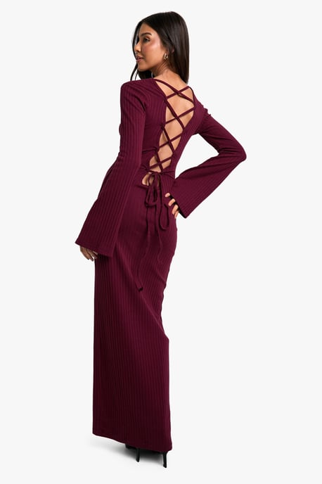 Wide Rib Tie Back Flare Sleeve Maxi Dress - Image 1