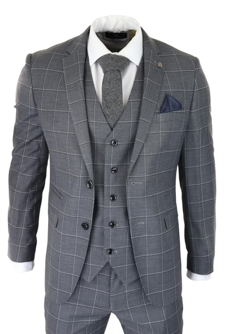 Heren Grijs Pak 3-delig Geruit Vintage Retro Slim Fit Trouwpak Klassiek - Image 1