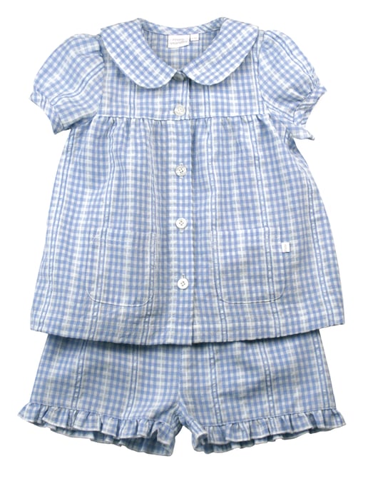 Girls Blue Seersucker Check Cotton Shortie Pyjamas Set.