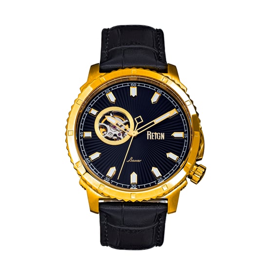 Reign Bauer Automatic Semi-SkeletonLeather-Band Watch