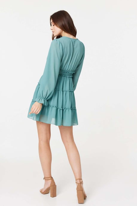 Green Lace Detail Long Sleeve Mini Dress