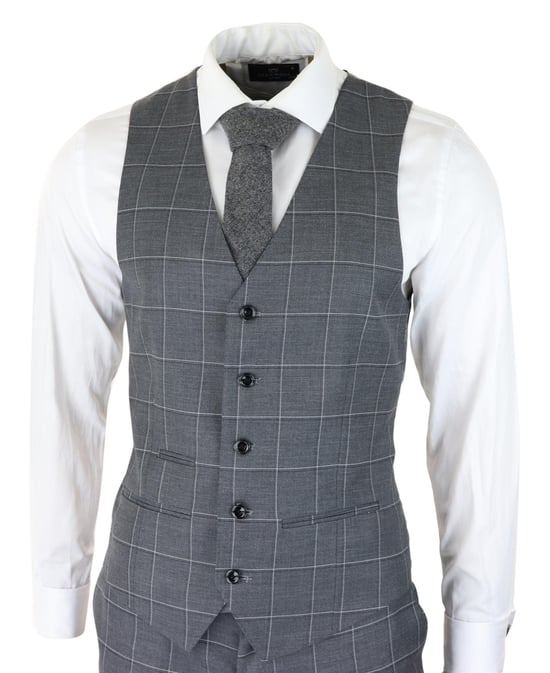 Heren Grijs Pak 3-delig Geruit Vintage Retro Slim Fit Trouwpak Klassiek - Image 4