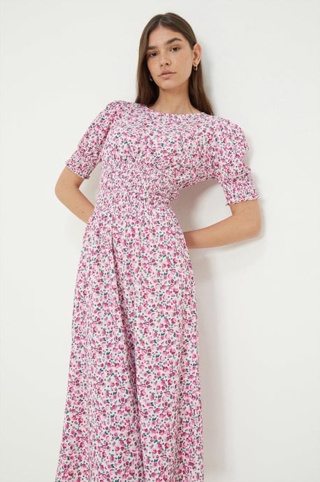Pink Ditsy Shirred Waist Midi Dress - Image 1