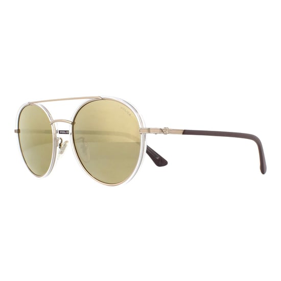 Police Round Mens Light Gold Crystal Grey Brown Gold Mirror Sunglasses