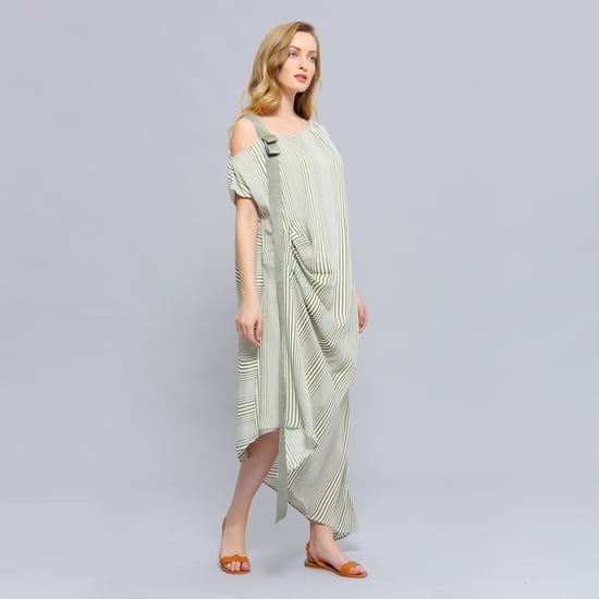 Asymmetric Draped Stripe Print Midi Dress