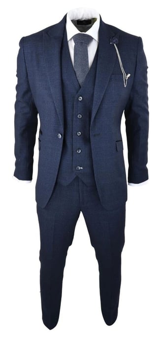 Heren 3-delig marineblauw geruit tweed retro klassiek pak - Image 2