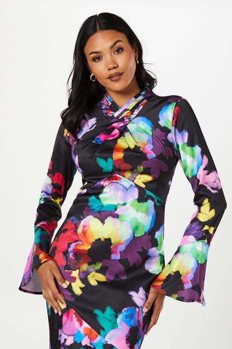 Cross Neck Flute Sleeve And Hem Midi Dress - Image 4