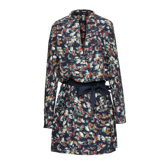 Satin collar short dress and leaves print