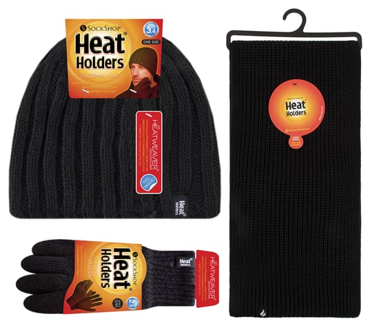 Heren Gehaakte Muts Sjaal Handschoenen Set | Heat Holders | Luxe Zachte Fleece Gevoerde Winterset voor Koud Weer - Zwart - Image 2
