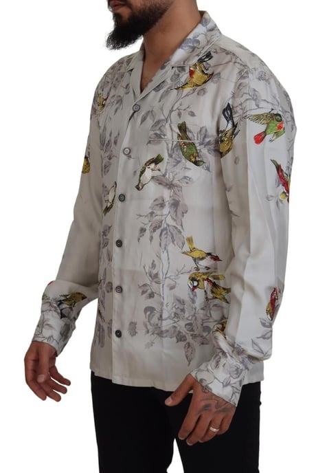 Dolce & Gabbana Heren Witte Vogelprint Zijde Satijnen Casual Overhemd - Image 2