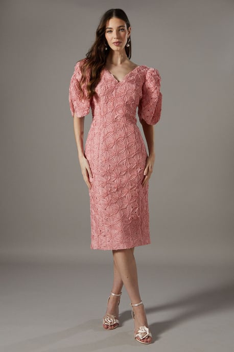 Floral Pleated Sleeve Pencil Dress