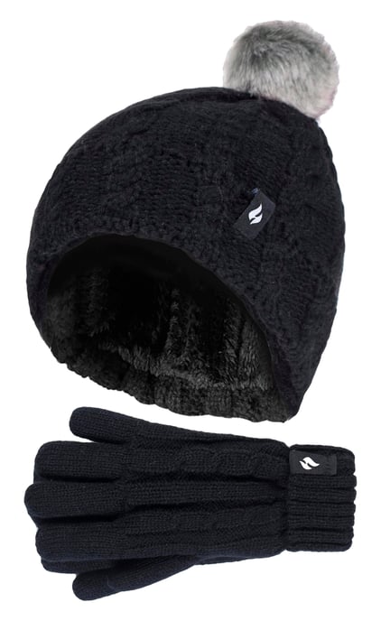 Heat Holders Meisjes Cable Bobble Muts En Handschoenen Set - Zwart - Image 1