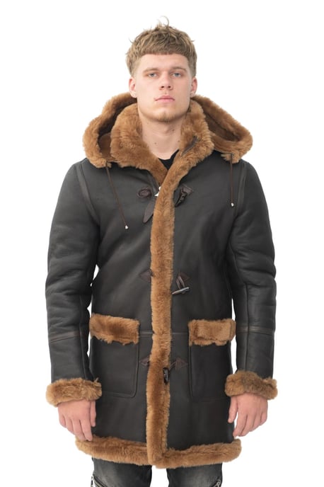Mens Winter Sheepskin Hooded Duffle Coat-Helsinki