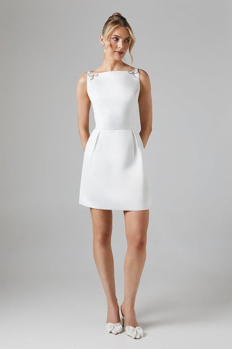 Boat Neck Mini Bow Structured Satin Bridal Mini Dress
