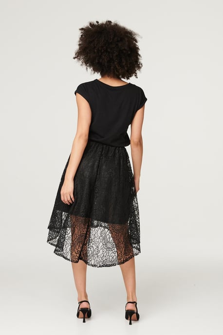 Black Lace Asymmetric Hem Midi Skirt