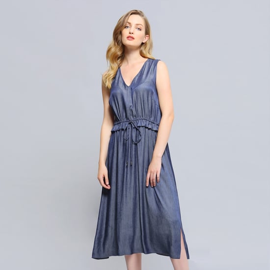 V-neckline Adjustable Waist Midi Dress