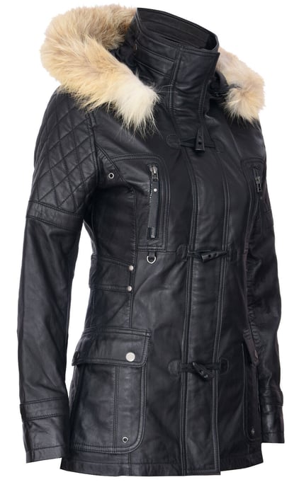 Womens Quilted Leather Hooded Parka Jacket-Northampton