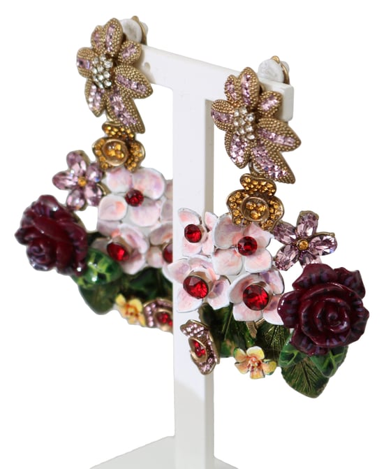 Dolce & Gabbana Women's Gold Crystal Floral Filigree Roses Red Bouquet Clip-on Earrings